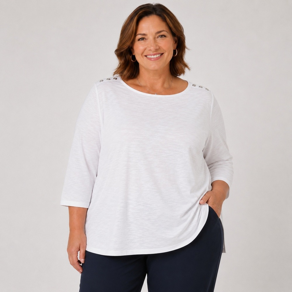 Chicos White Slub Knit Boat Neck 3/4 Sleeve Button Shoulder Top Size 3 Large XL
